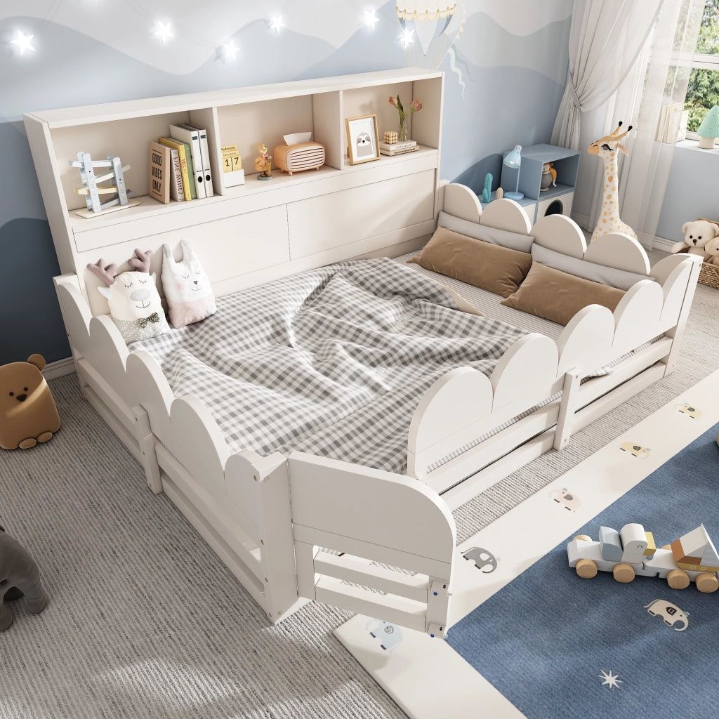 Letto per bambini 140 × 200 cm 2 posti con barriera di sicurezza; porta e mensole; senza materasso; in legno; bianco
