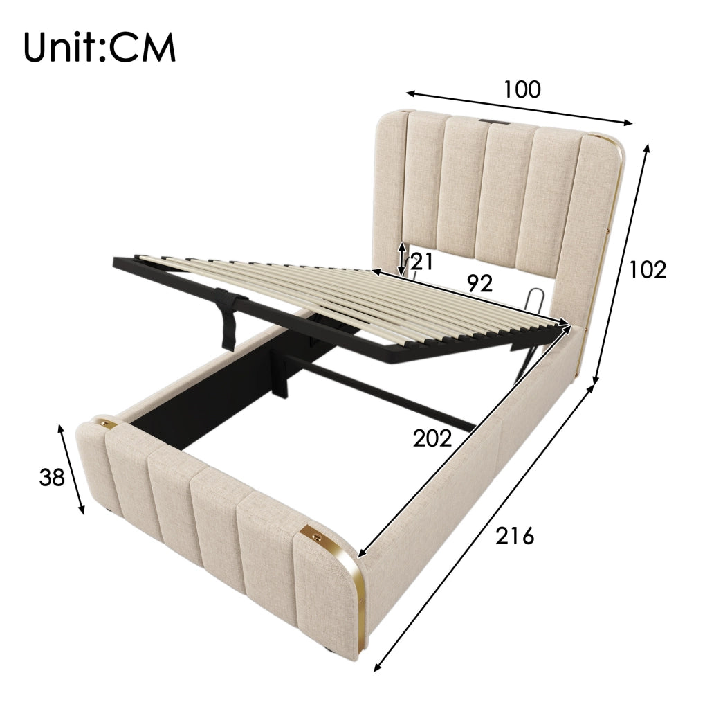 Letto singolo imbottito 90x200 cm con contenitore, USB e Tipo-C, beige