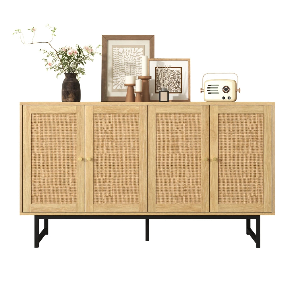 Sideboard 140x39,5x80 cm con intreccio in vero rattan, 4 ante