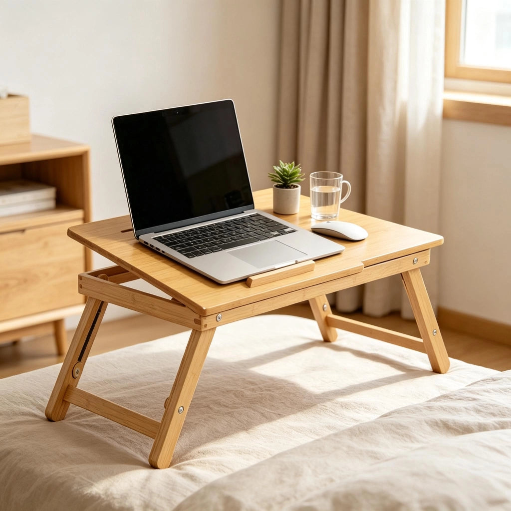 Tavolo pieghevole in bambù regolabile e inclinabile con piano ventilato e cassetto naturale 55 × 35 × 22-32.5 cm