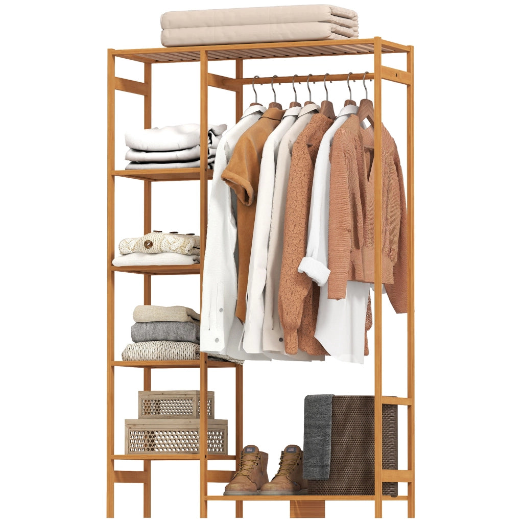 Stand Appendiabiti in Bambù con Scaffale a 6 Livelli e Barra, 90x30x145 cm, Salvaspazio per Casa, Legno Naturale