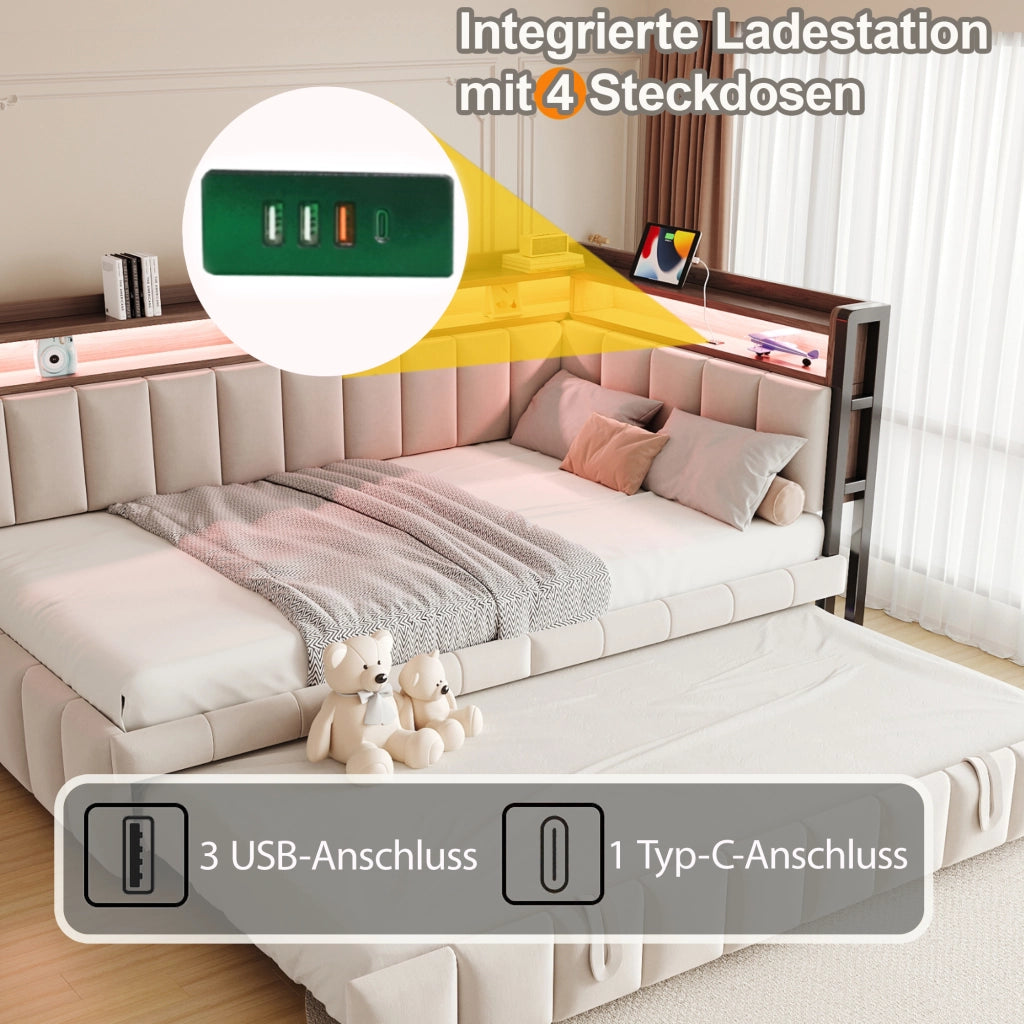 Letto estraibile 2 posti 90 x 200 e 90 x 190 cm con LED e USB/USB-C, divano letto in velluto beige con vani integrati