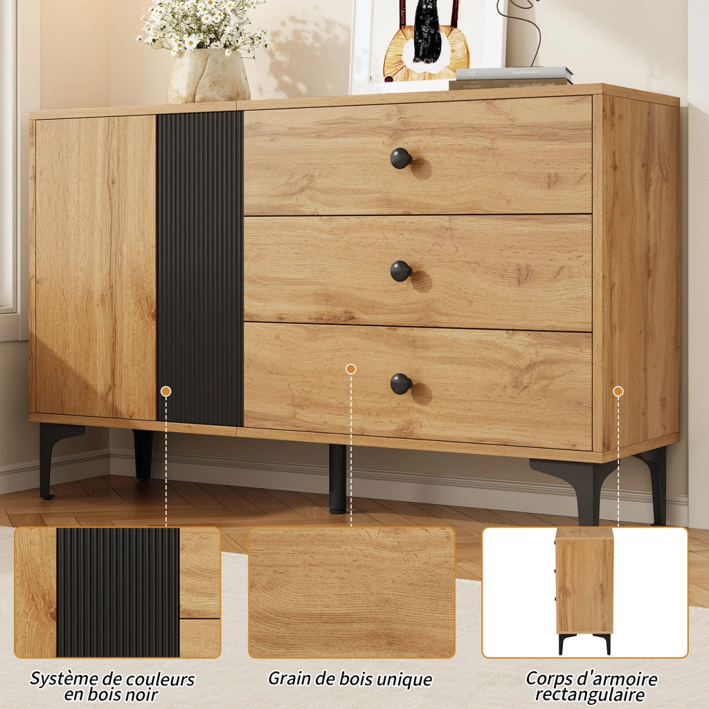 OKWISH Credenza con 1 Anta e 3 Cassetti, Piedini in Metallo, per Soggiorno e Sala da Pranzo, Nero e Naturale, 120 x 35 x 76 cm