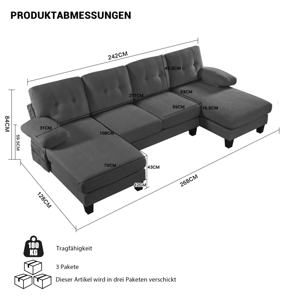 Divano ad angolo a U per 4 persone in Chenille grigio con doppia chaise longue e schienale tufted