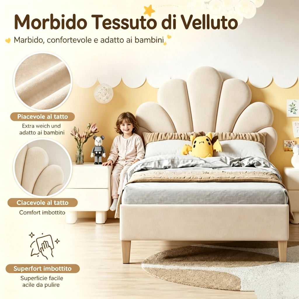 Letto Singolo per Bambini 90x200cm;Letto imbottito con Testiera Regolabile a Forma di Petalo;per Bambini; Adolescenti;Velluto Beige; senza Materasso