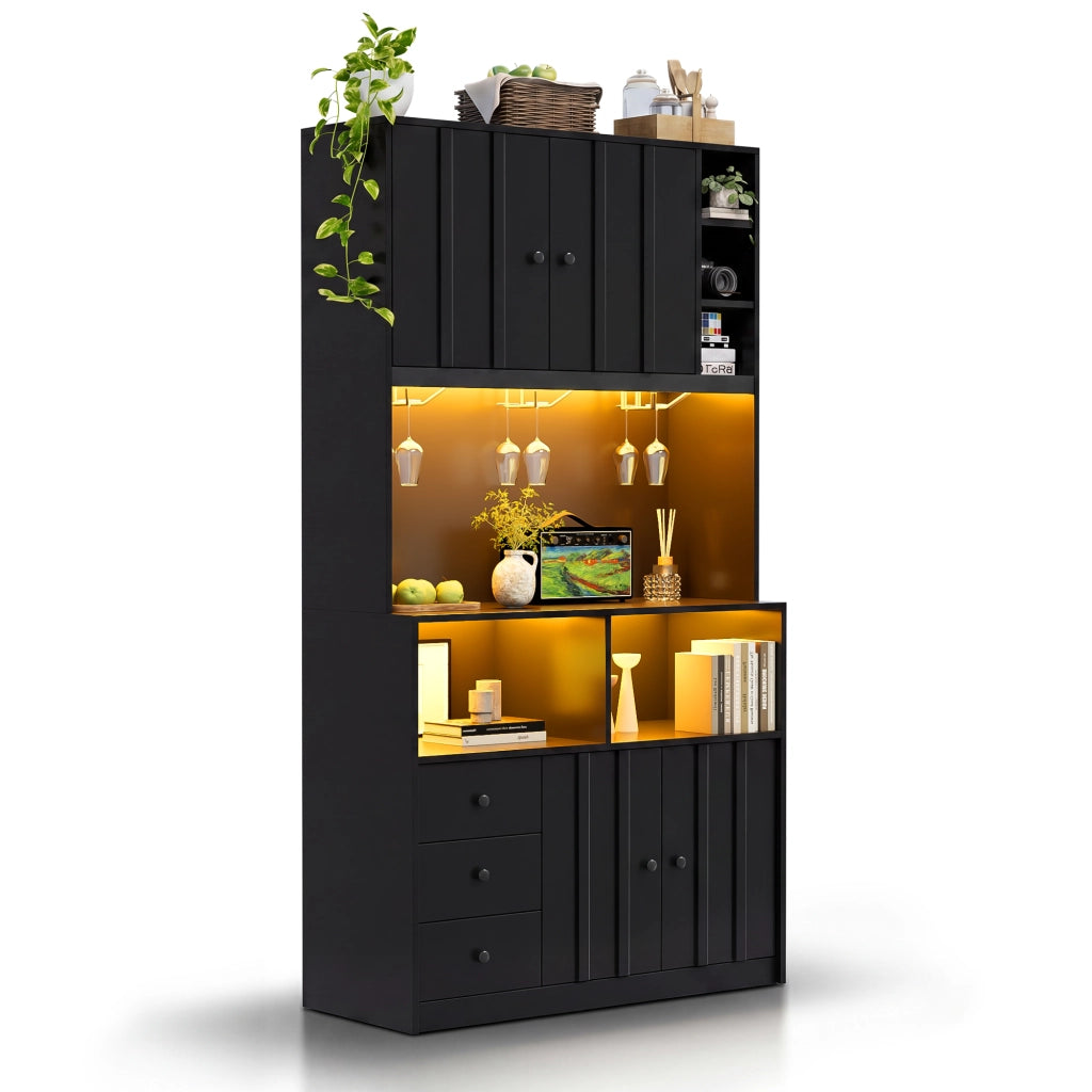 Colonna da cucina LED con vetrina, prese e 3 portabicchieri, ripiano regolabile per cucina, nera, 100 × 40 × 180 cm
