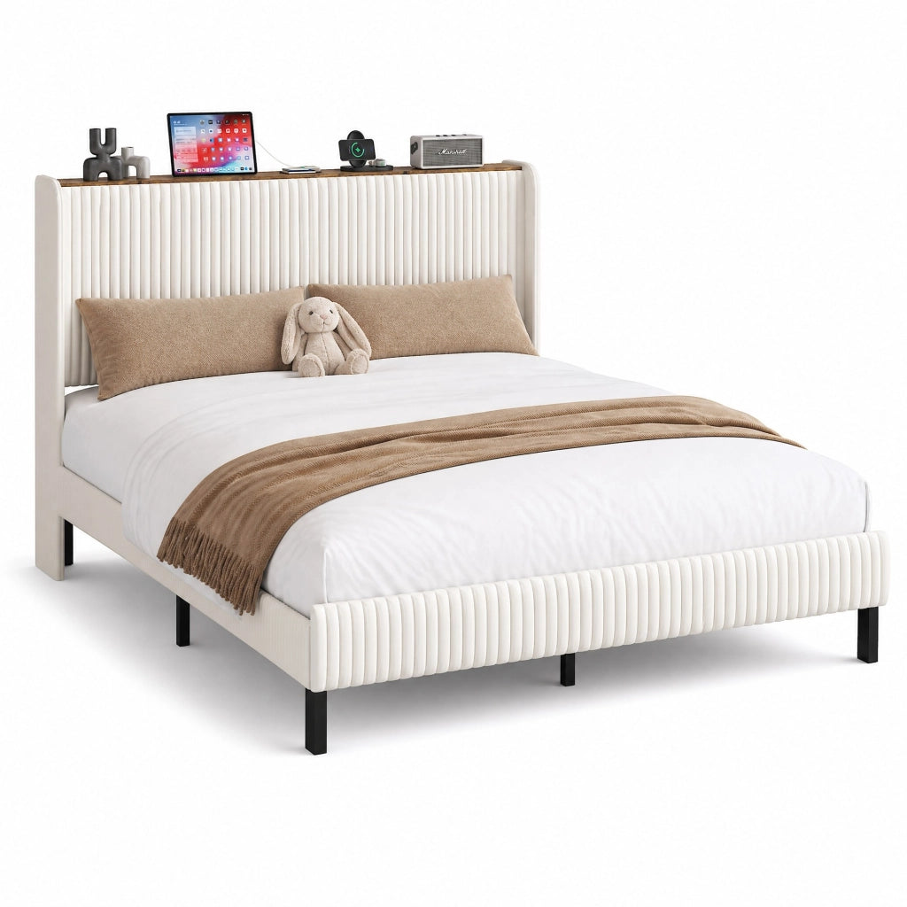 Letto imbottito 140x200 cm in velluto a coste beige