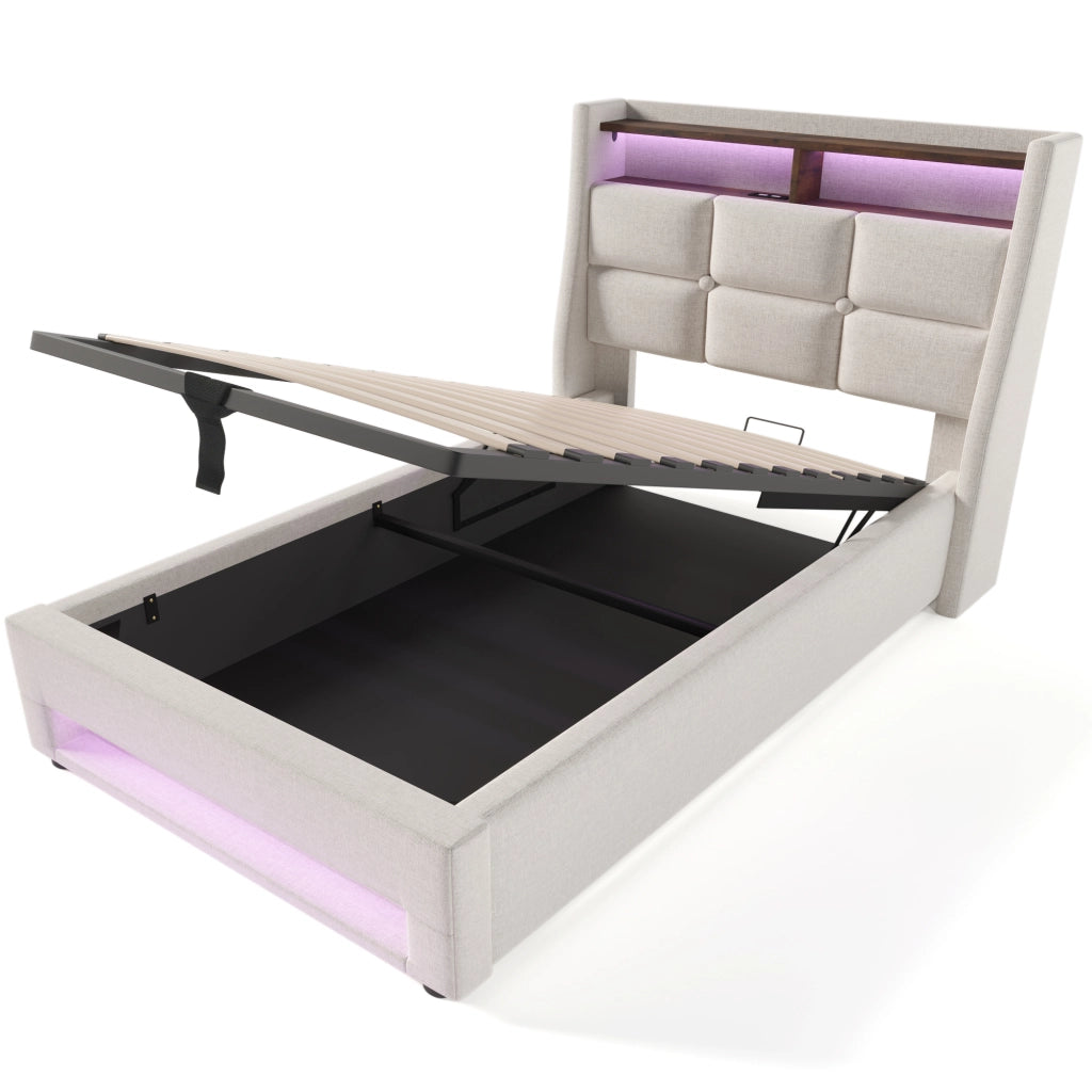 Letto imbottito singolo 90x200 cm con LED; USB e contenitore; beige chiaro