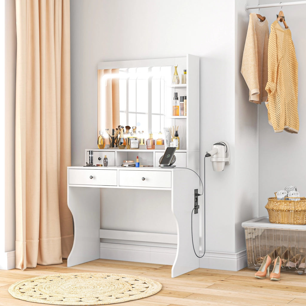 Toeletta da Trucco con Specchio Luci LED 3 Tonalità, Prese USB, 4 Cassetti e Mensole, Design Moderno, 90x45x160cm, Bianco