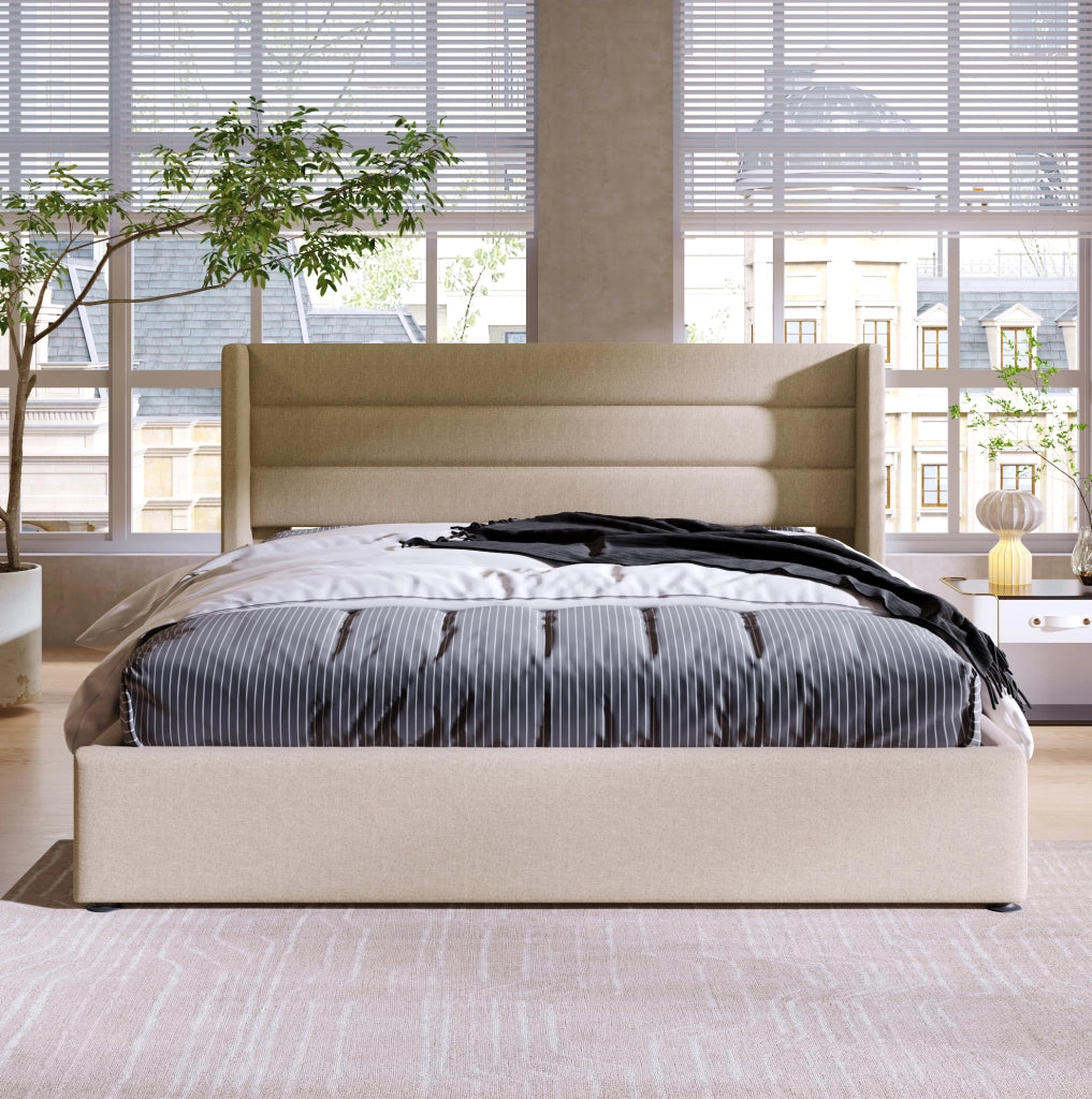 Letto matrimoniale imbottito con contenitore idraulico 140x200 cm con materasso a molle 620 pezzi e rete a doghe in legno, beige