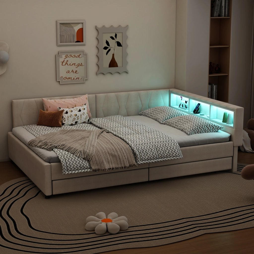 Letto da giorno 140x200 cm con 2 cassetti, LED, USB-C e ripiani in lino beige