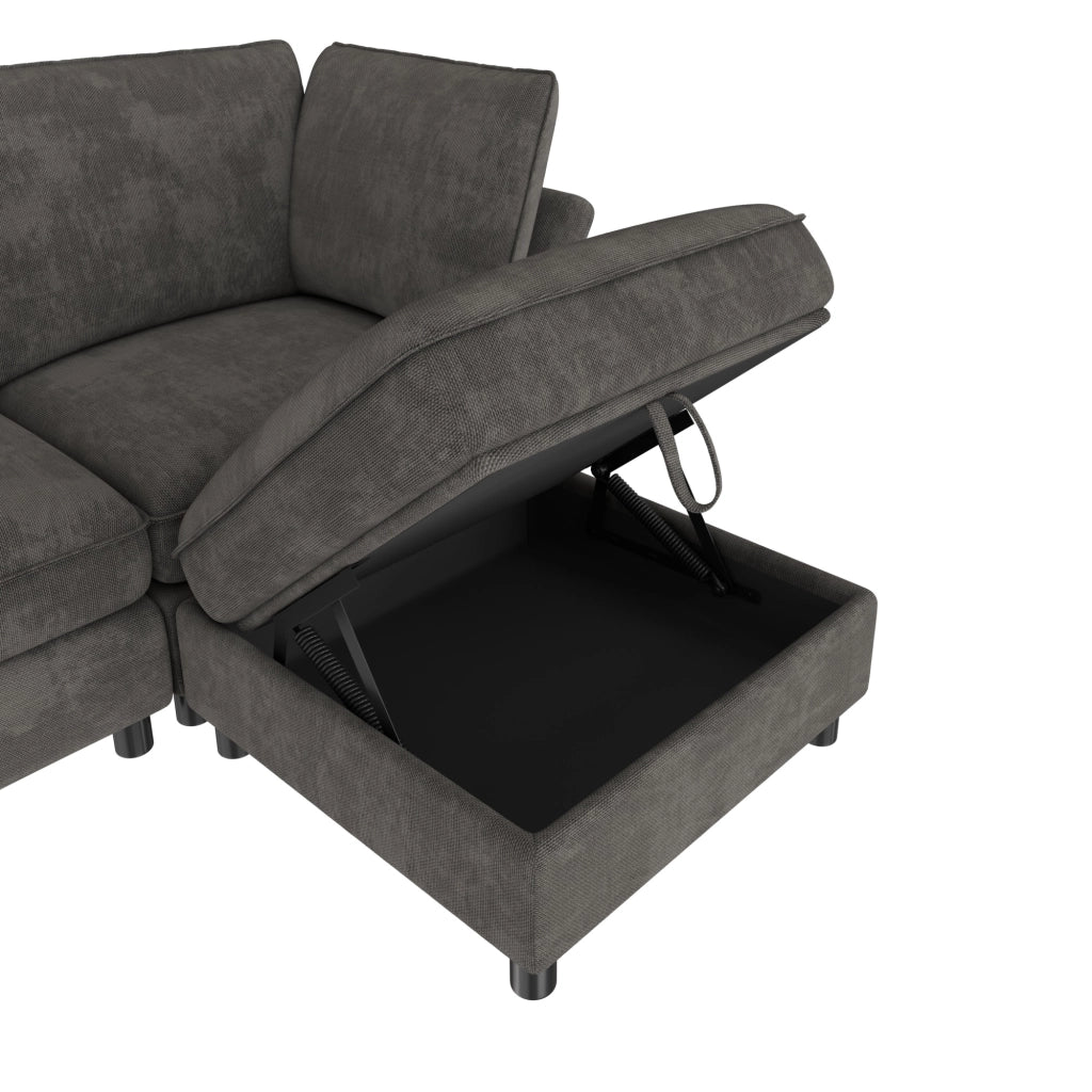 Divano modulare a U 6 posti con 2 pouf contenitore in ciniglia grigio