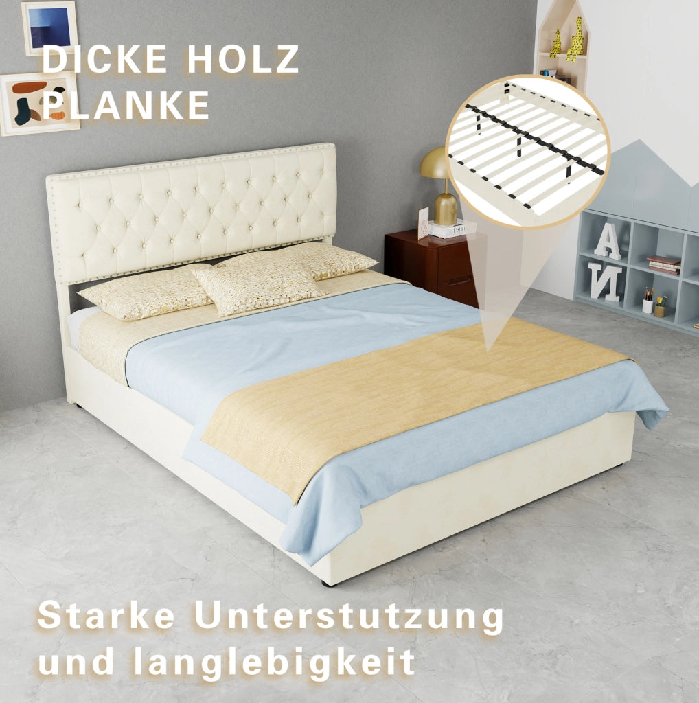 Letto moderno minimalista beige 140x200 cm con testiera imbottita e contenitore, struttura in legno con supporto pneumatico, senza materasso