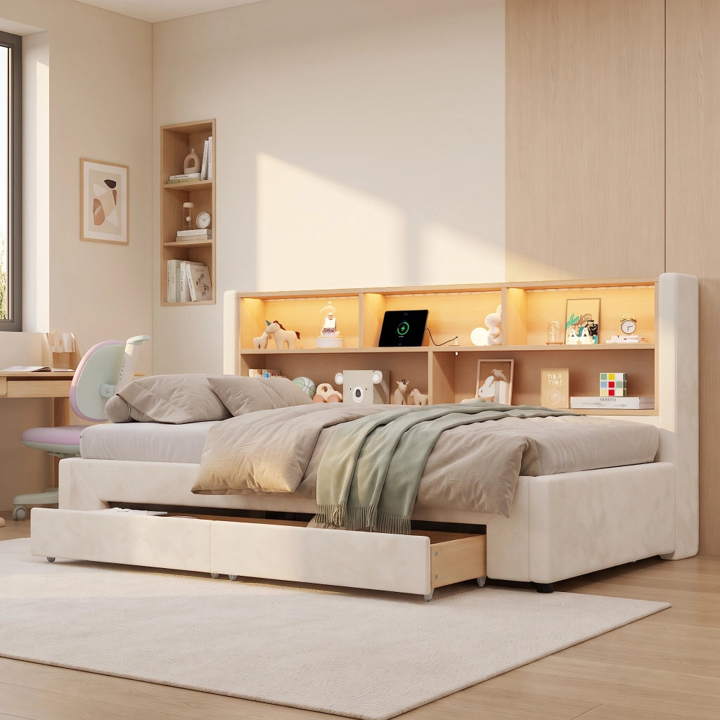 Letto con cassetti 90 × 200 cm estraibile fino a 180 × 200 cm in velluto beige con LED e porte USB