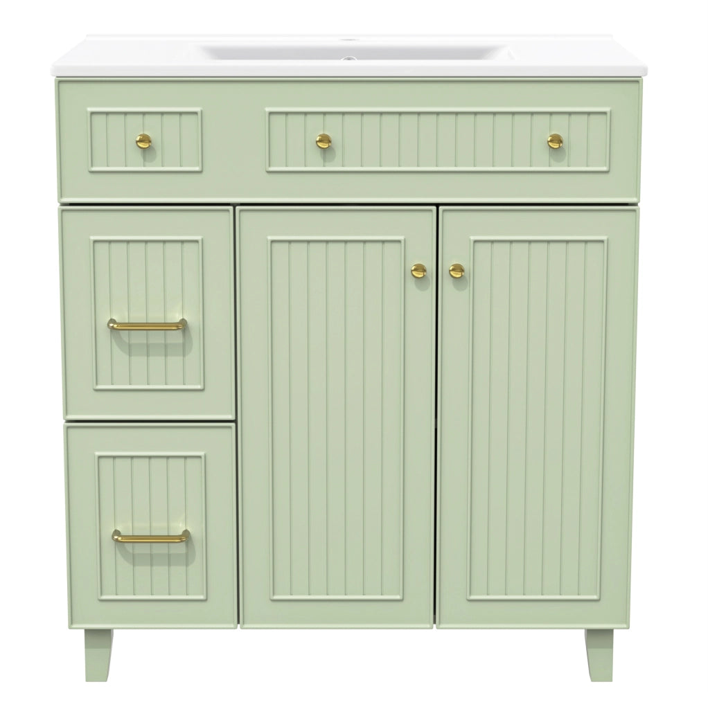 Mobile bagno con lavabo in ceramica 81,7 cm, struttura in MDF verniciato, piedini in legno massello di pino, colore verde