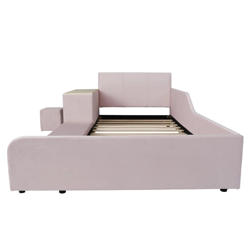 Letto singolo imbottito con scrivania e sgabello per bambini, velluto rosa, 90x200 cm, con ripiano