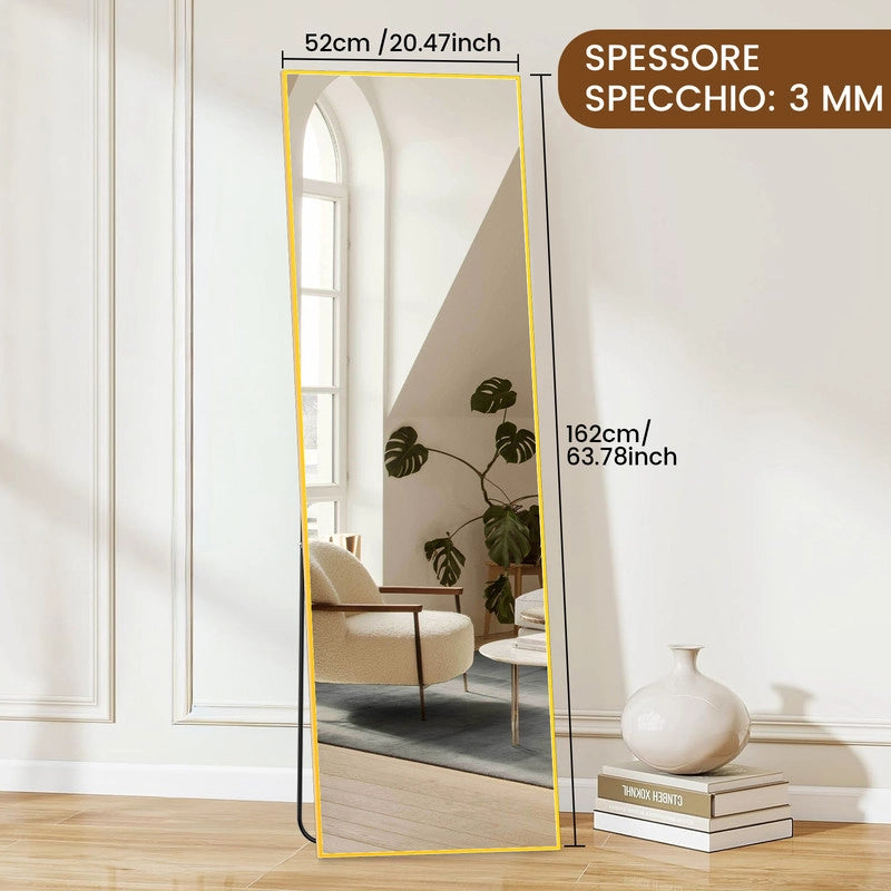 Specchio a figura intera, 162 x 52 cm,specchio da terra con supporto, specchio rettangolare a figura intera oro, autoportante o da appoggio