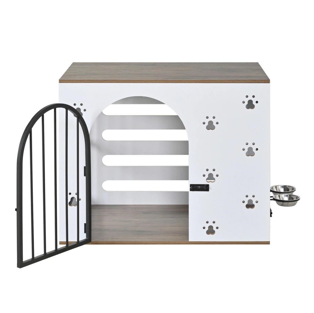 Gabbia per cani con ciotole, bianco e rovere chiaro in MDF e metallo