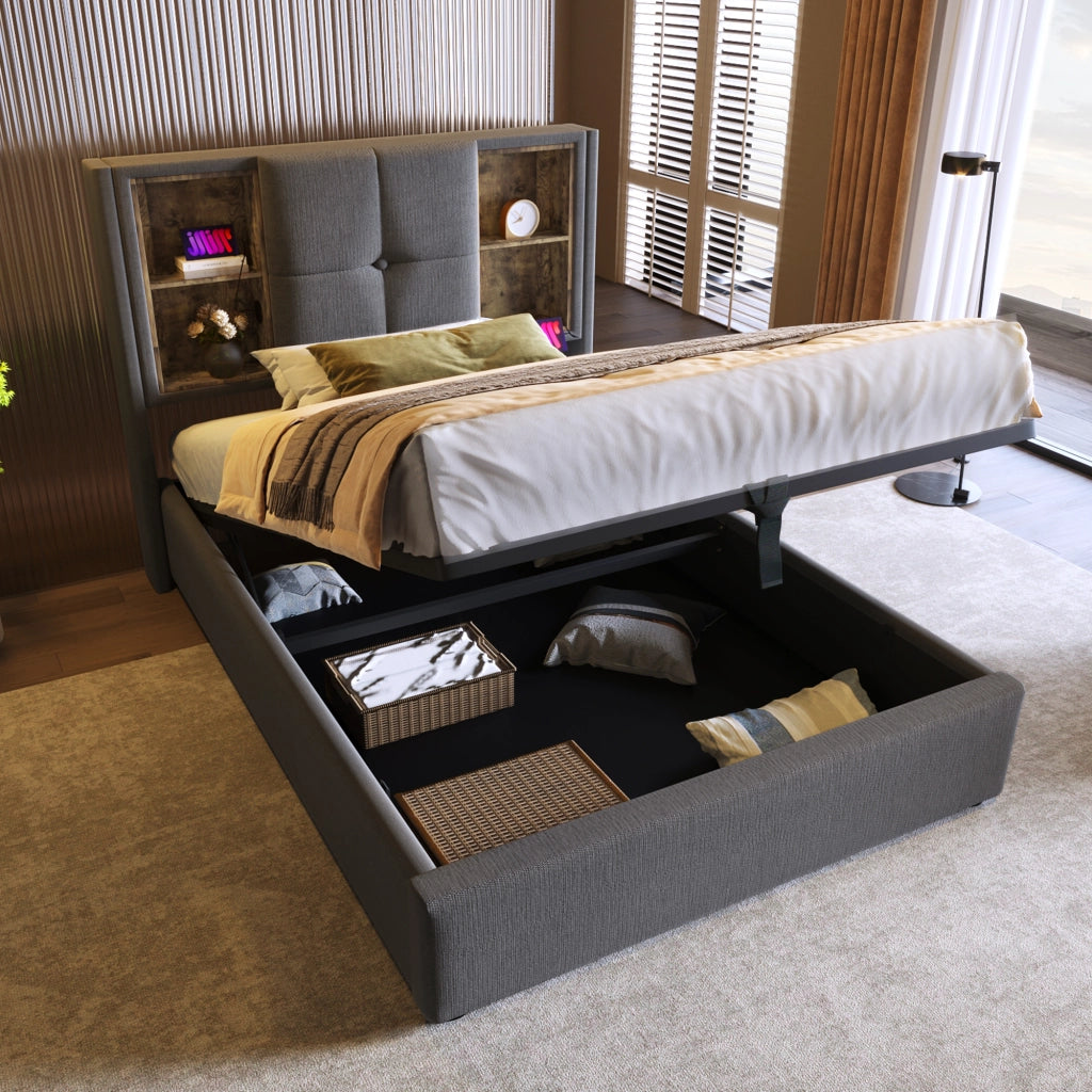 Letto Singolo 90x200 Imbottito Grigio con Contenitore e Ricarica Wireless