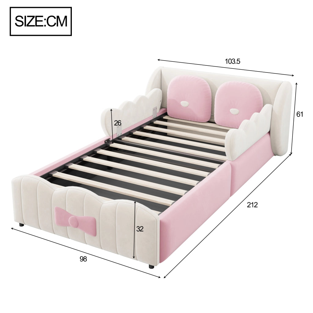 Letto singolo con contenitore 90 × 200 cm imbottito in velluto beige con sollevamento idraulico e 2 cuscini decorativi