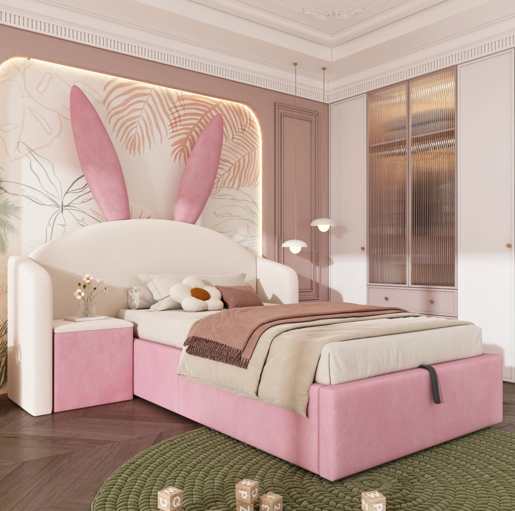 Letto singolo per bambini 90x200 cm con contenitore idraulico e comodino in velluto beige e rosa HOMVRA