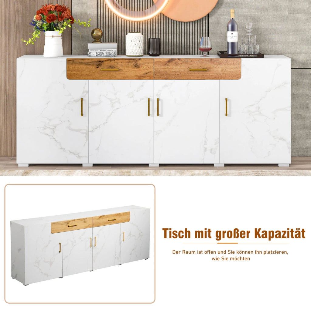 Credenza moderna bianca effetto marmo, 208 x 39,5 x 80 cm