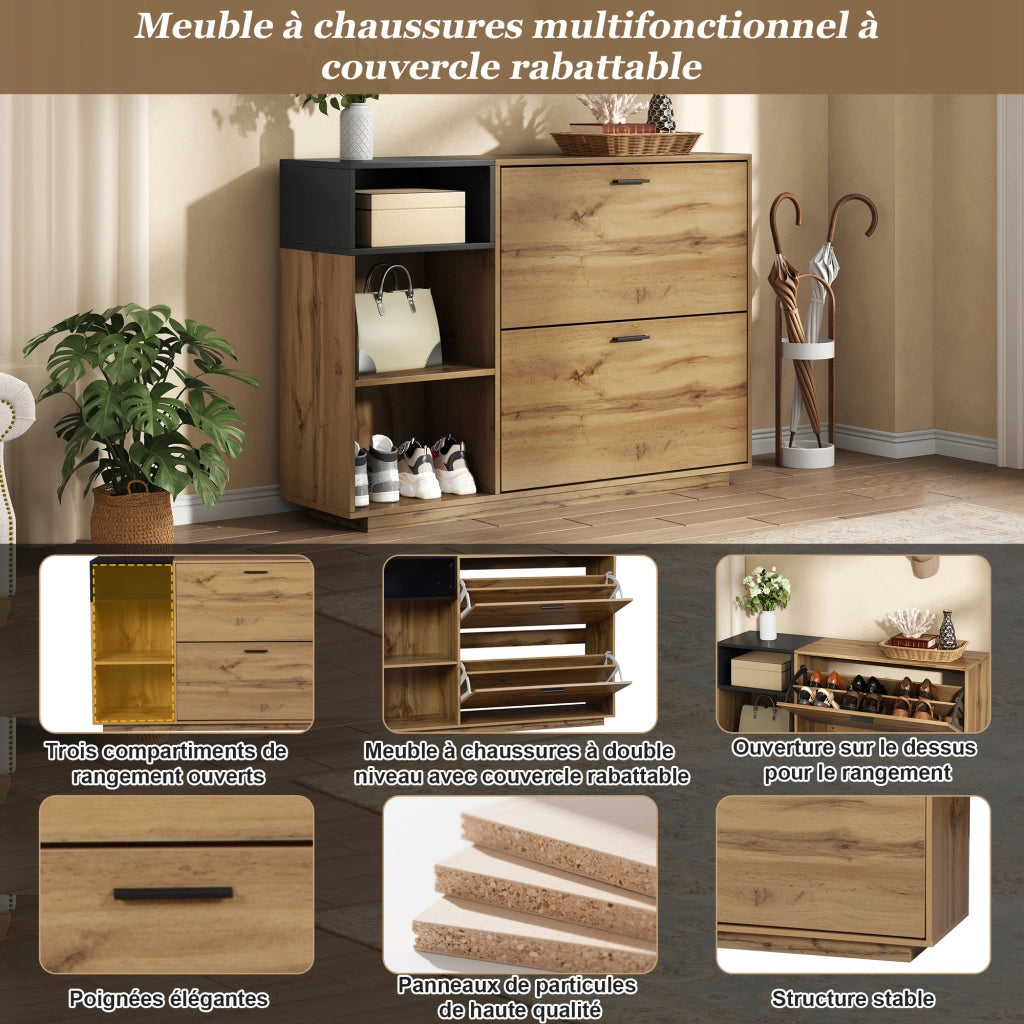 Scarpiera per ingresso con 3 vani aperti e 2 scomparti a ribalta in MDF naturale e nero 120 ¡Á 32 ¡Á 84.5 cm