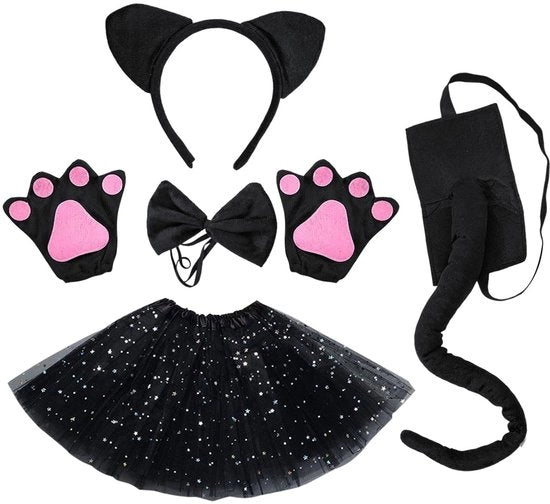 Costume per Ragazze Gatti - Set a 5 pezzi - Tutu/Abito - Collare Gatto - Cintura Farfalla - Guanti Gatto - Materiale soffice Pluche/Polyester - Costume Animale