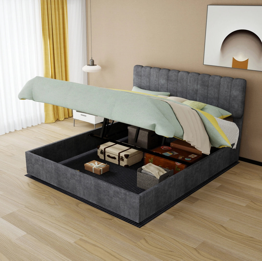 Letto imbottito moderno 160x200 cm con testiera morbida e contenitore grigio