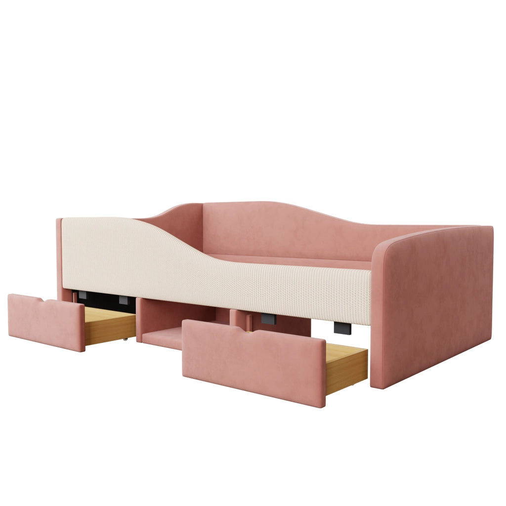 Divano letto 90x190; con 2 cassetti e guide di sicurezza; velluto; rosa e crema