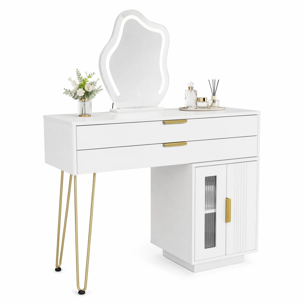 Toeletta con specchio LED 100x40 cm; 2 cassetti e modulo laterale scorrevole bianca HOMVRA