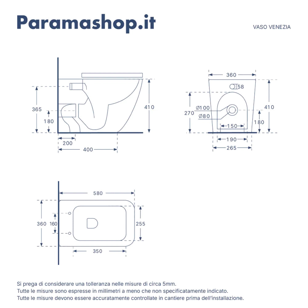Vaso filomuro rimless in ceramica bianco opaco con sedile a chiusura rallentata | Venezia