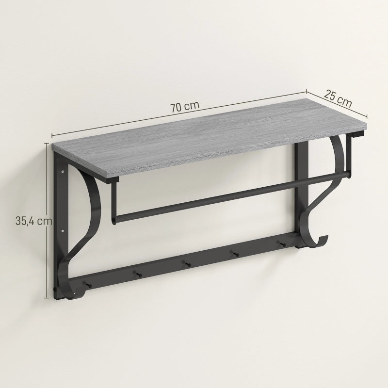 Appendiabiti da parete con ripiano superiore cinque ganci e barra appendiabiti in legno grigio e metallo nero