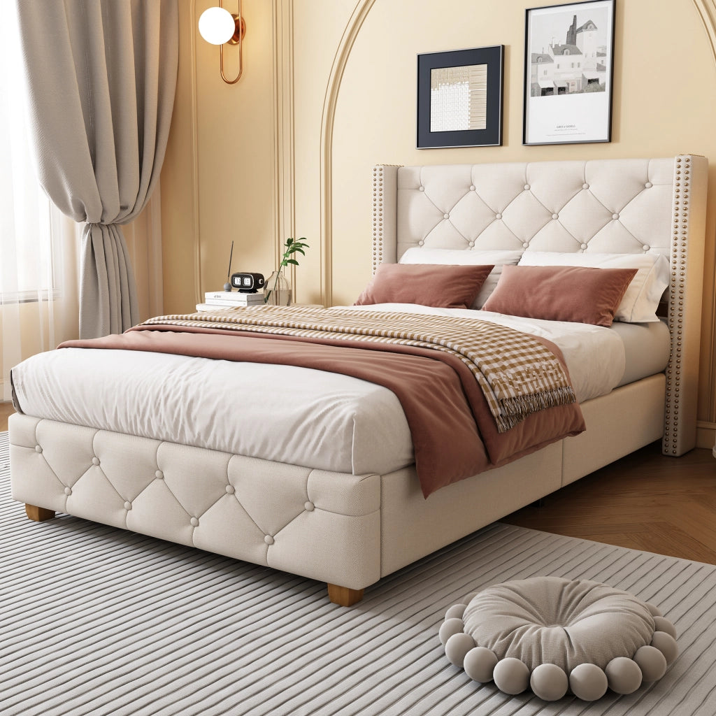 Letto singolo imbottito 90 × 200 cm con rete a doghe testiera in lino beige bottoni rivetti e gambe in legno