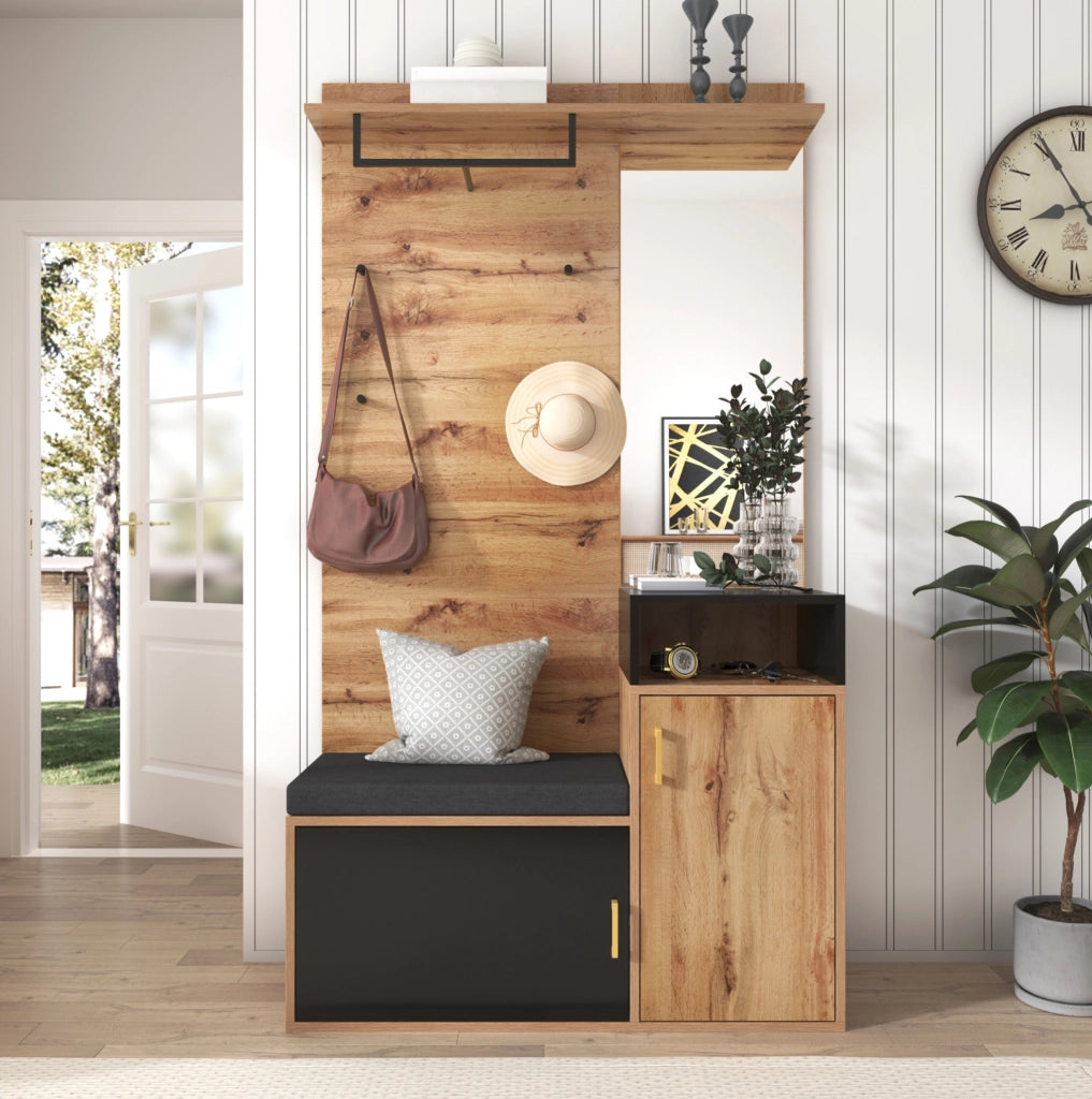 Set ingresso con appendiabiti, specchio, scarpiera, panca e ripiano superiore in legno e nero, 105x40x191,5 cm