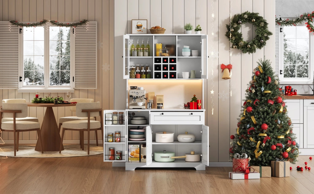 Armadio da cucina alto 180x105x40 cm con porta, ripiano spezie integrato, mensole regolabili, illuminazione LED a cambio colore e presa elettrica