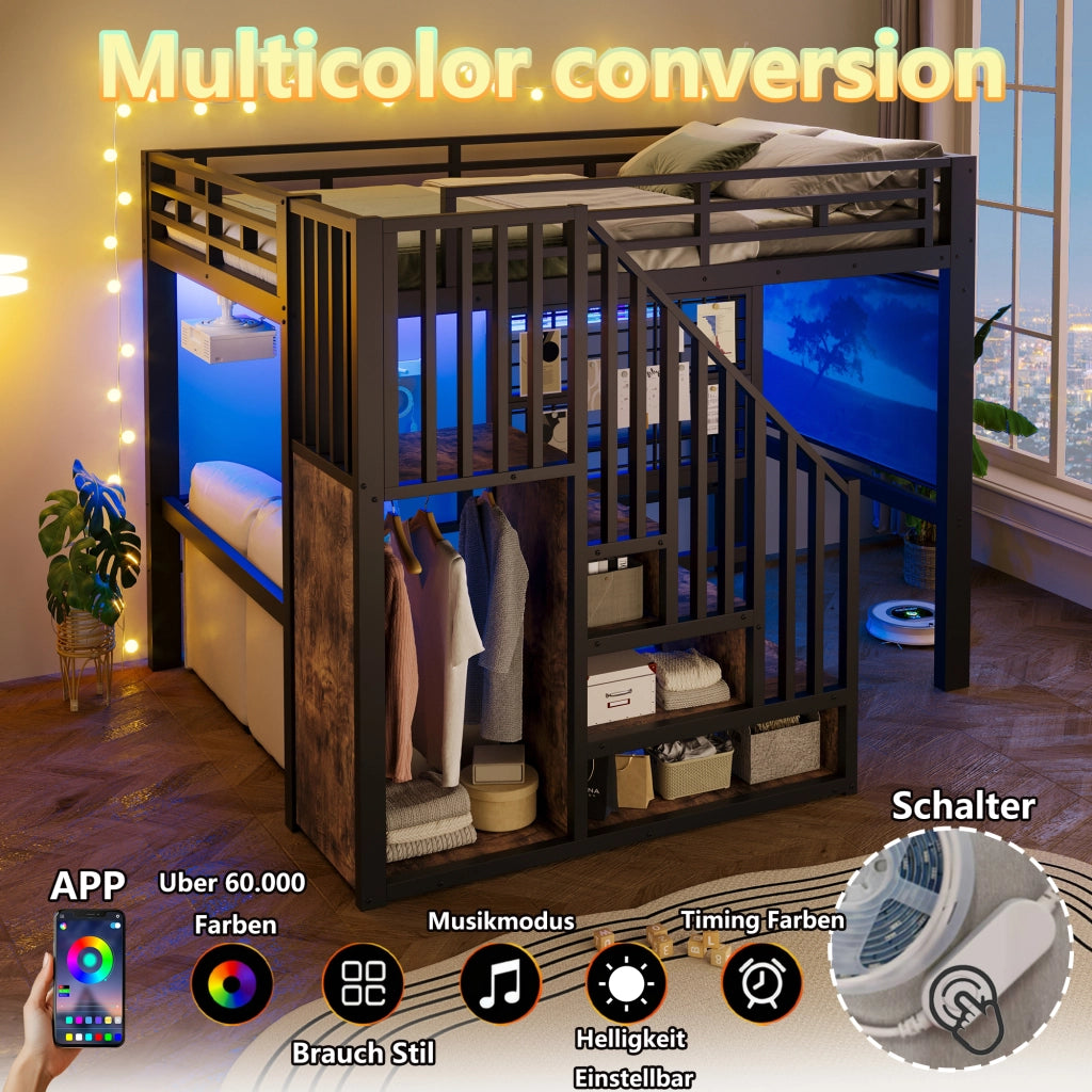 Letto a Soppalco 140x200 cm in MDF e Metallo con Guardaroba; Scala Contenitore; LED; Scaffali; Nero