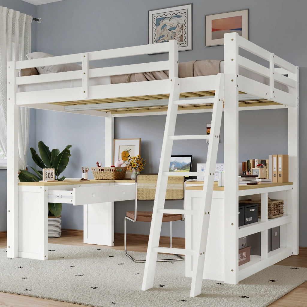 Letto a soppalco per bambini con scrivania a U; pino e MDF; bianco e naturale; letto 140x200 cm