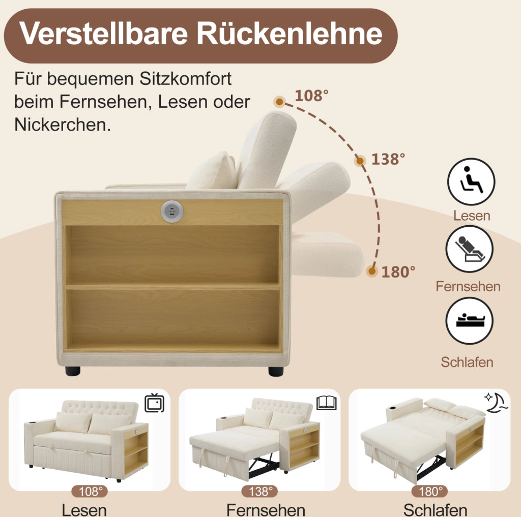 Divano Letto Multifunzionale Beige in Chenille con Contenitore, Porta USB e Porta Bicchieri, 2 Posti, 140x137x84 cm