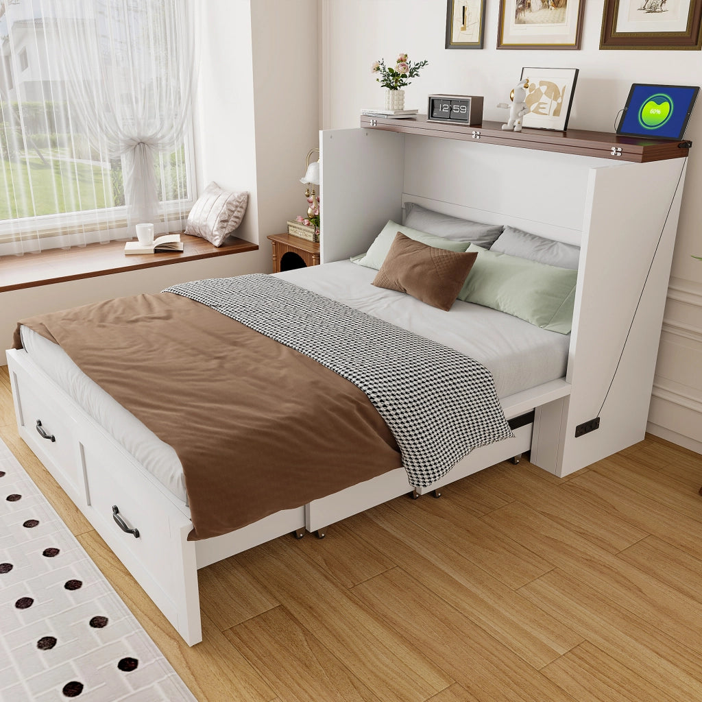 Letto a scomparsa 140 × 200 cm estraibile con presa europea e ruote silenziose in metallo e legno bianco