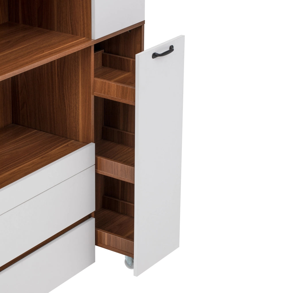 Highboard in MDF Weiß und Nussbaum mit verstellbaren Regalböden, Schubladen und Riffelglas, 100x40x200 cm, ideal für Esszimmer und Küche