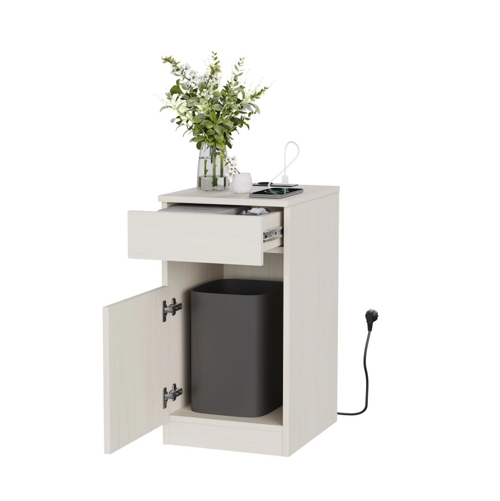 Comodino bianco MDF con USB, USB-C e presa, 33x40x61,5 cm