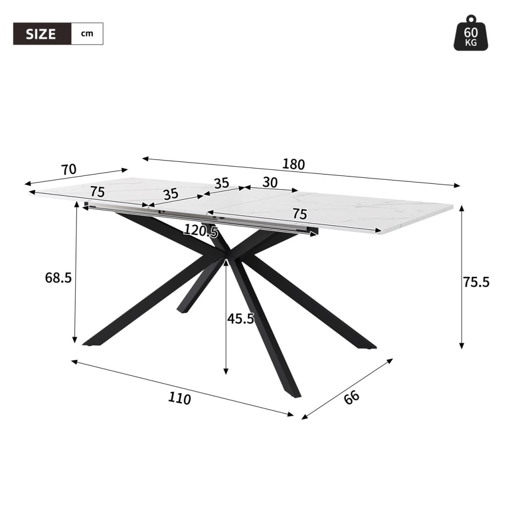 Tavolo da pranzo allungabile 180x70 cm; struttura a gambe incrociate; MDF e metallo nero e bianco