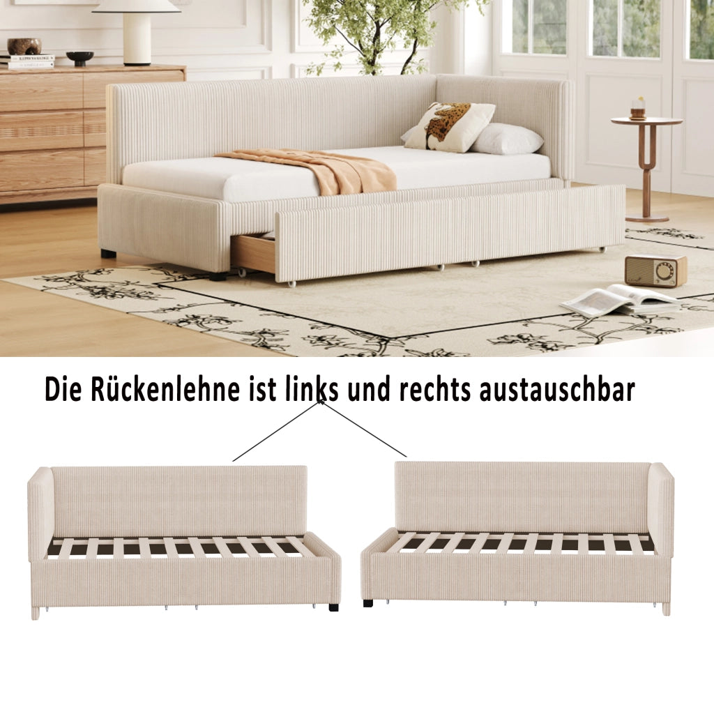 Letto imbottito singolo 90×200 cm con 2 cassetti; testiera reversibile e rete; senza materasso; beige