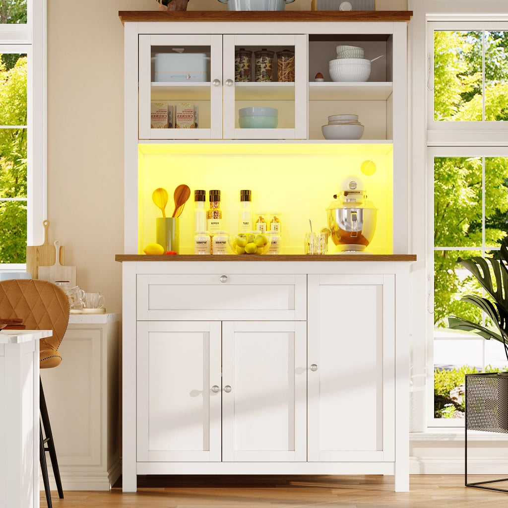 Credenza da cucina alta con ante scorrevoli e 3 ripiani regolabili, LED per cucina, MDF bianco, 104 × 40 × 180 cm
