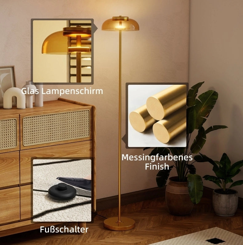 Lampada da Terra LED per Soggiorno in Ottone con Luce Calda 3000K, Interruttore a Pedale, 25x25x134 cm