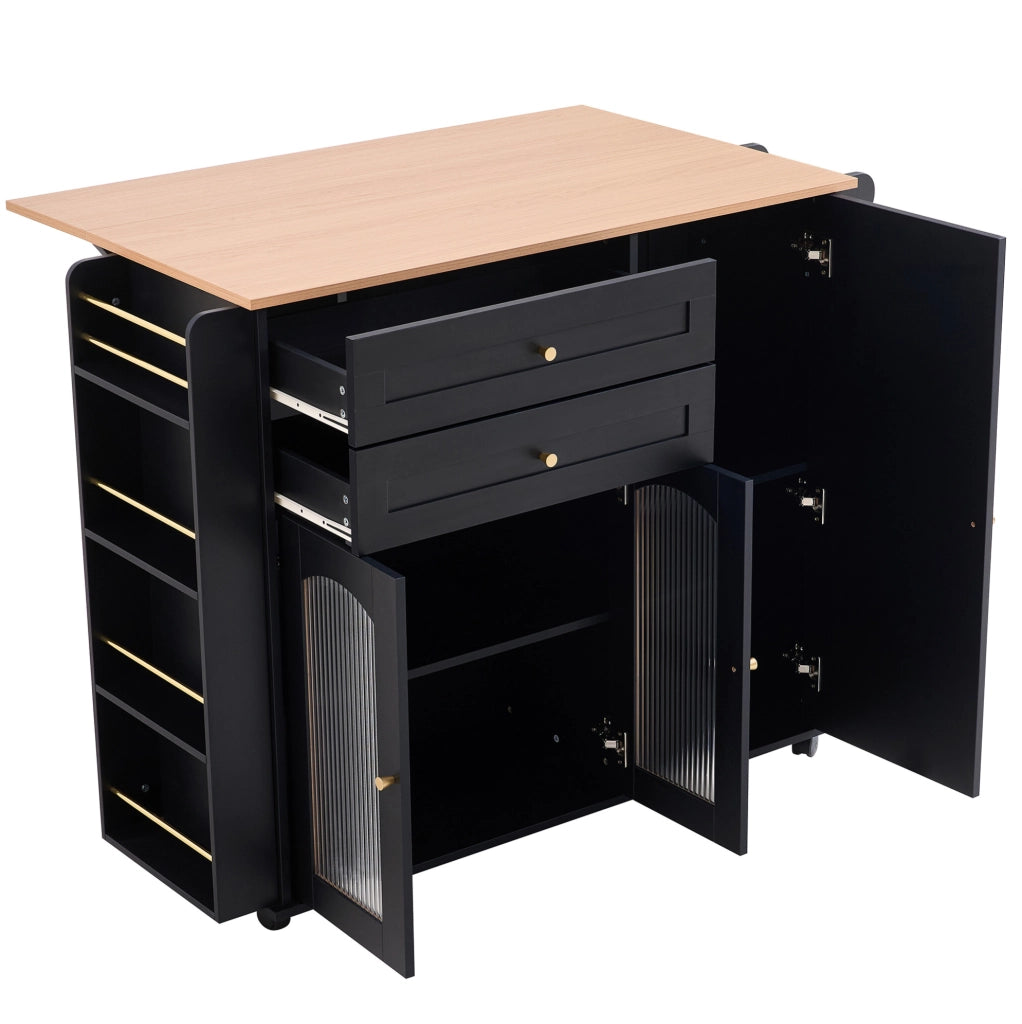 Isola cucina mobile 110 cm con piano richiudibile; 2 cassetti e ante in vetro; nera