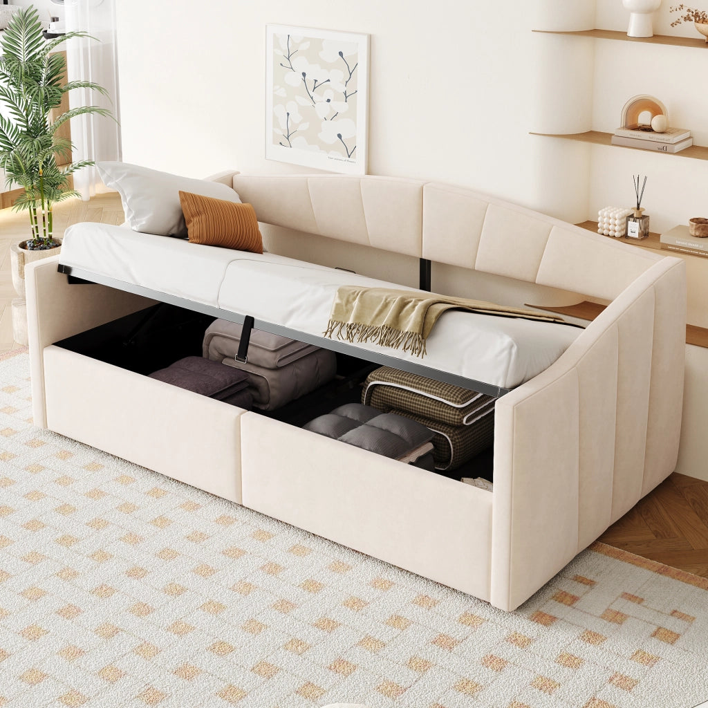 Letto contenitore singolo 90×200 cm con sollevamento idraulico e rete a doghe; senza materasso; velluto; beige