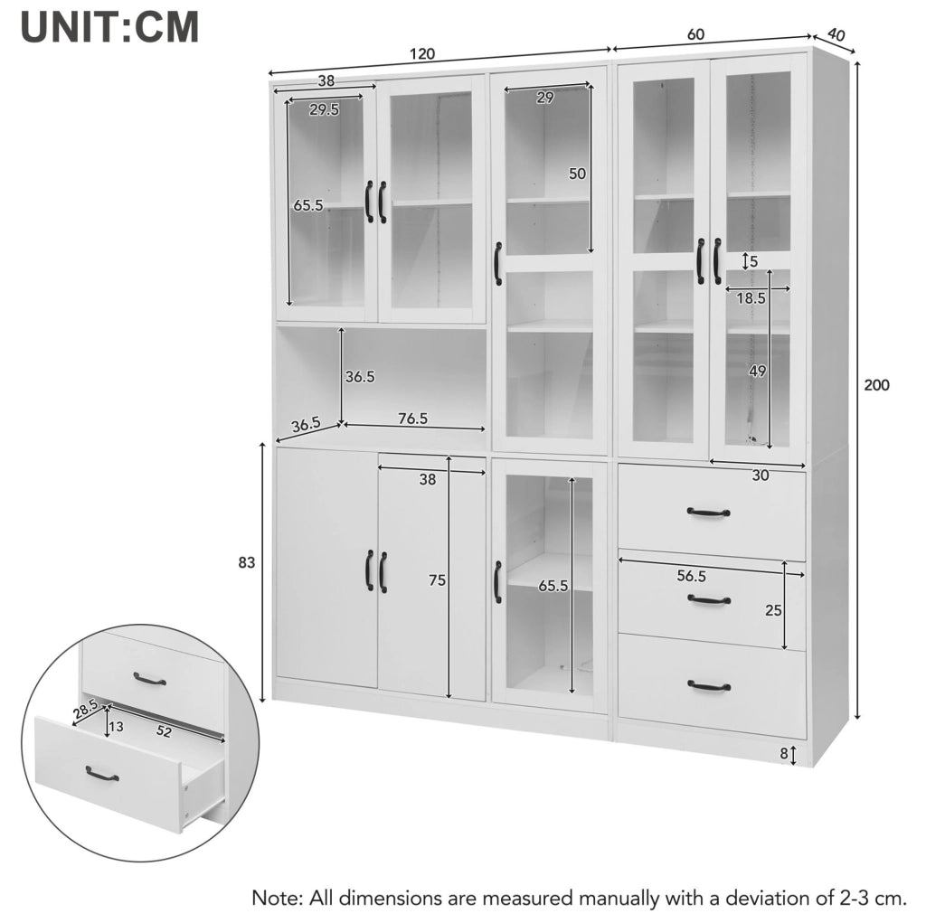 Set vetrina combinato bianco con LED, 8 ante e 3 cassetti