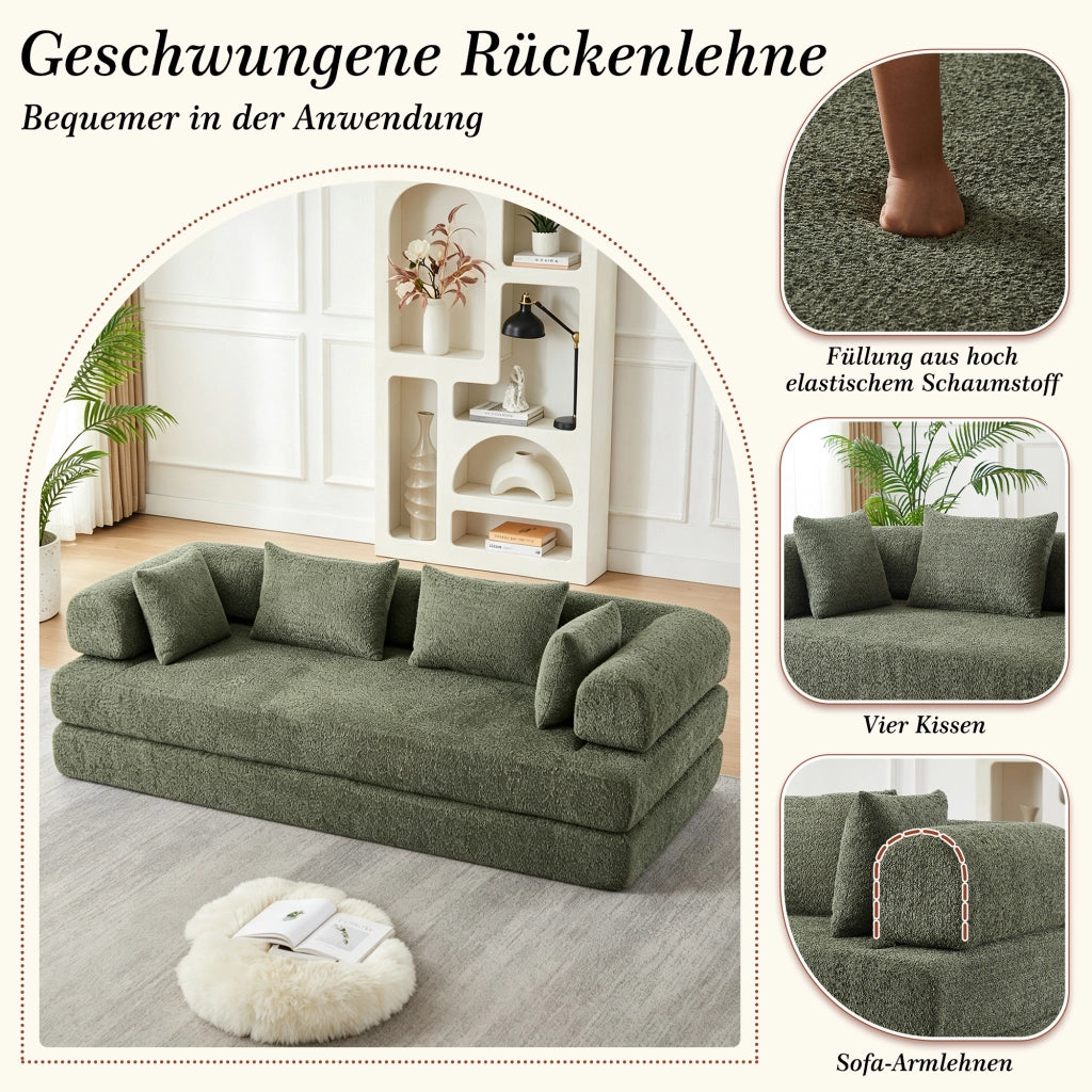 Divano modulare 4 in 1 con schienale regolabile, funzione letto e 4 cuscini, antiscivolo in ciniglia verde